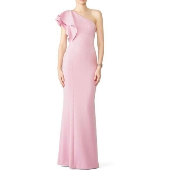 Black Halo Eve Mabel Pink Ruffle Scuba Maxi Gown Size 2 One Shoulder Evening - Picture 1 of 12